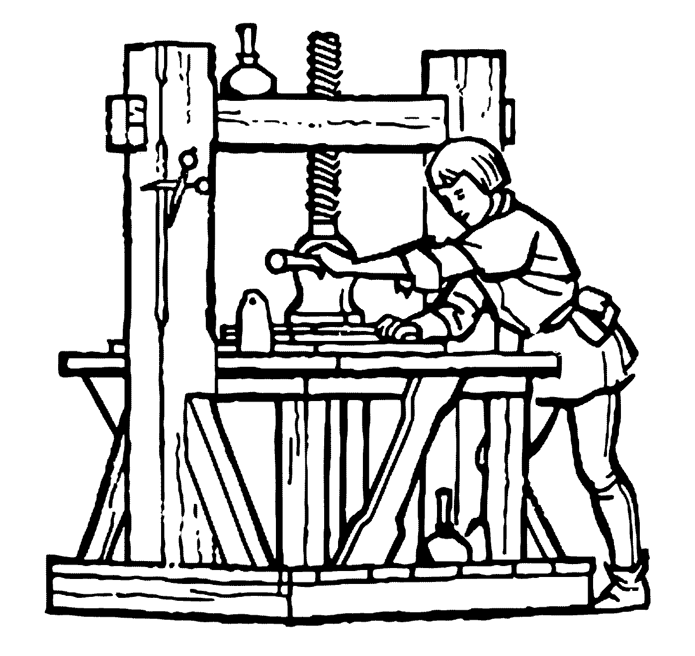 Trabajadores utilizando una prensa medieval